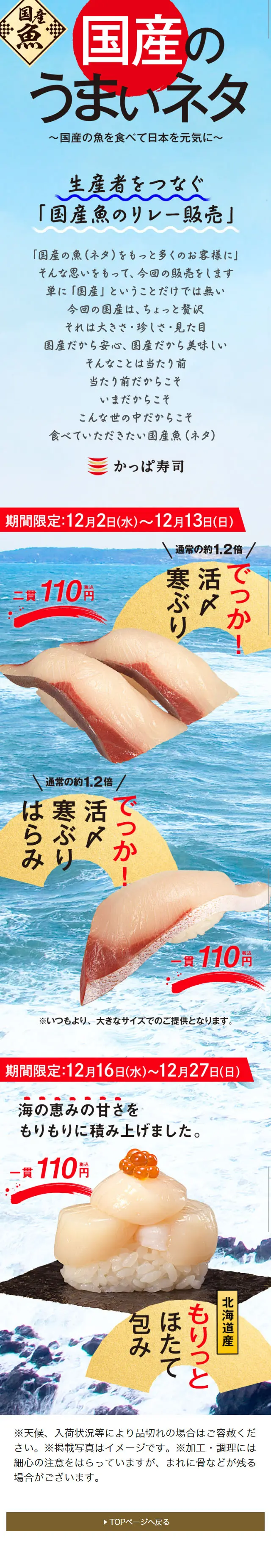 国産のうまいネタ～国産の魚を食べて日本を元気に～のLPデザイン（食品／ブルー系／和風系）スマホ版