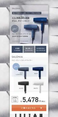 SALONIA　スピーディーイオン ドライヤーのLPデザイン（一般家電／グレー系／シンプル系）PC版