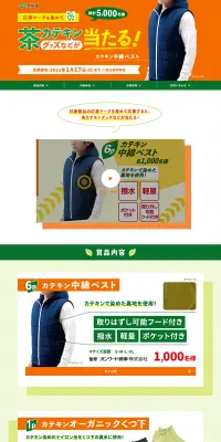 茶カテキンで健康生活キャンペーンのLPデザイン（サービス・保険・金融／グリーン系／にぎやか系）PC版
