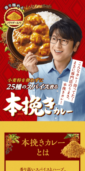 本挽きカレーのLPデザイン（食品／レッド系／にぎやか系）スマホ版