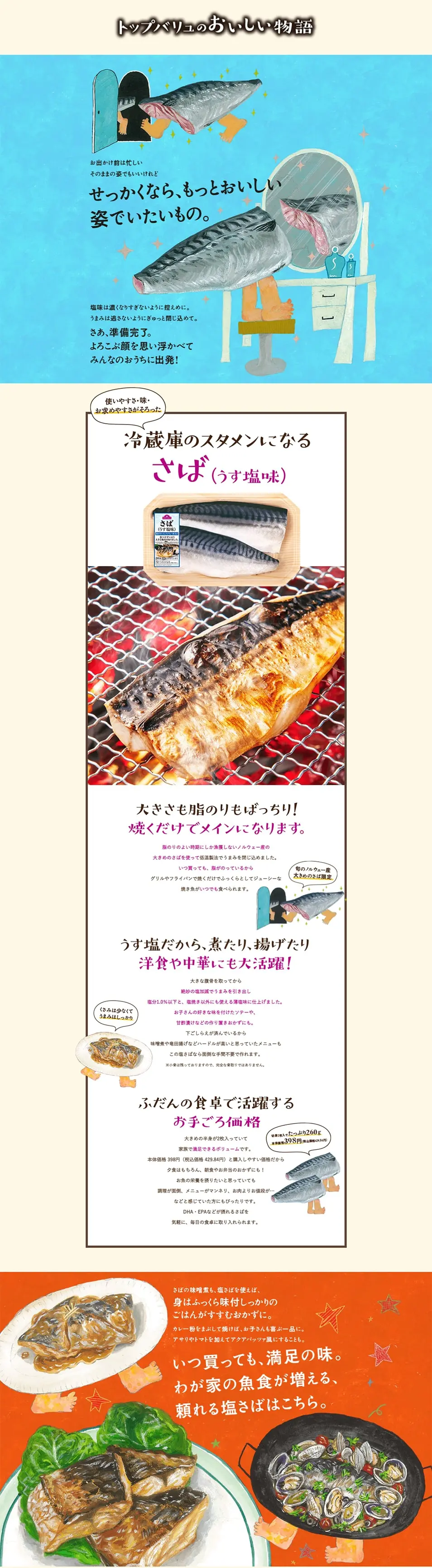 A Story about Topvalu's Salted Mackerel LP design (Seafood / Shades of blue / Cute style) PC version