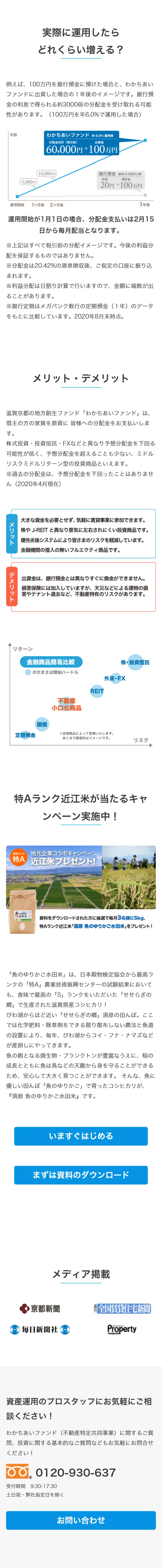 わかちあいファンドのLPデザイン（サービス・保険・金融／ブルー系／信頼・安心系）スマホ版