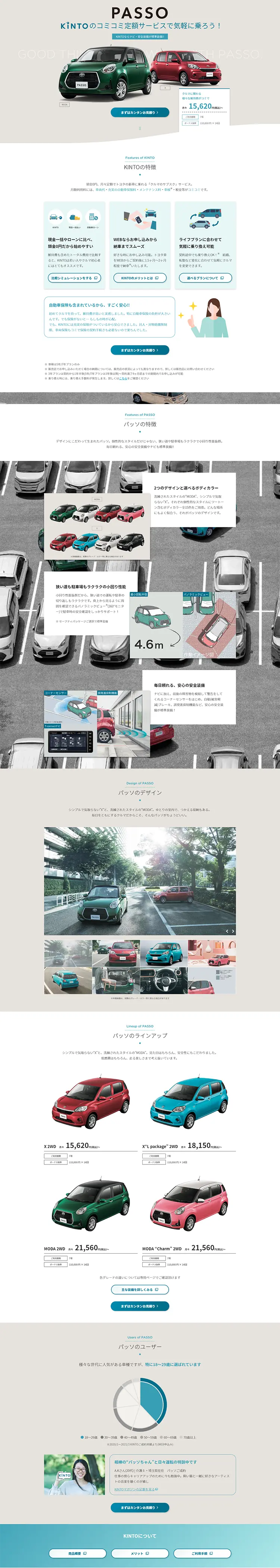 PASSO KINTOのコミコミ定額サービスのLPデザイン（車・バイク・自転車／グレー系／信頼・安心系）PC版