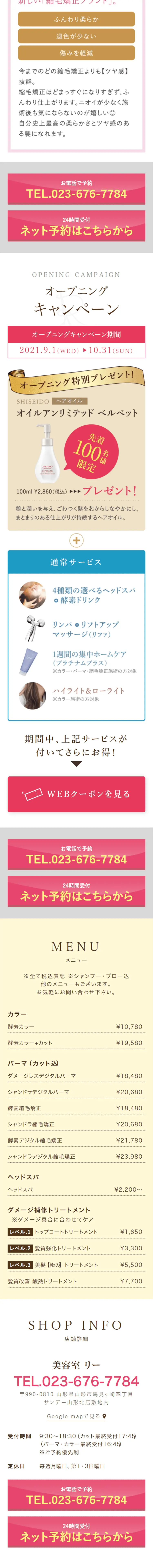 Beauty Salon Ri LP design (Businesses, companies, stores / White-based / Refined style) Mobile version