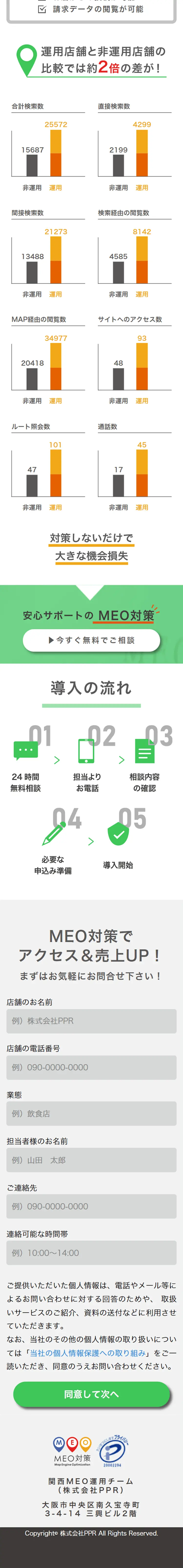 MEO対策のLPデザイン（デザイン・アプリ・システム／グリーン系／信頼・安心系）スマホ版