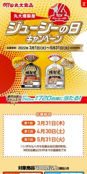 丸大燻製屋ジューシーの日キャンペーンのLPデザイン（肉・肉加工品／オレンジ系／にぎやか系）スマホ版
