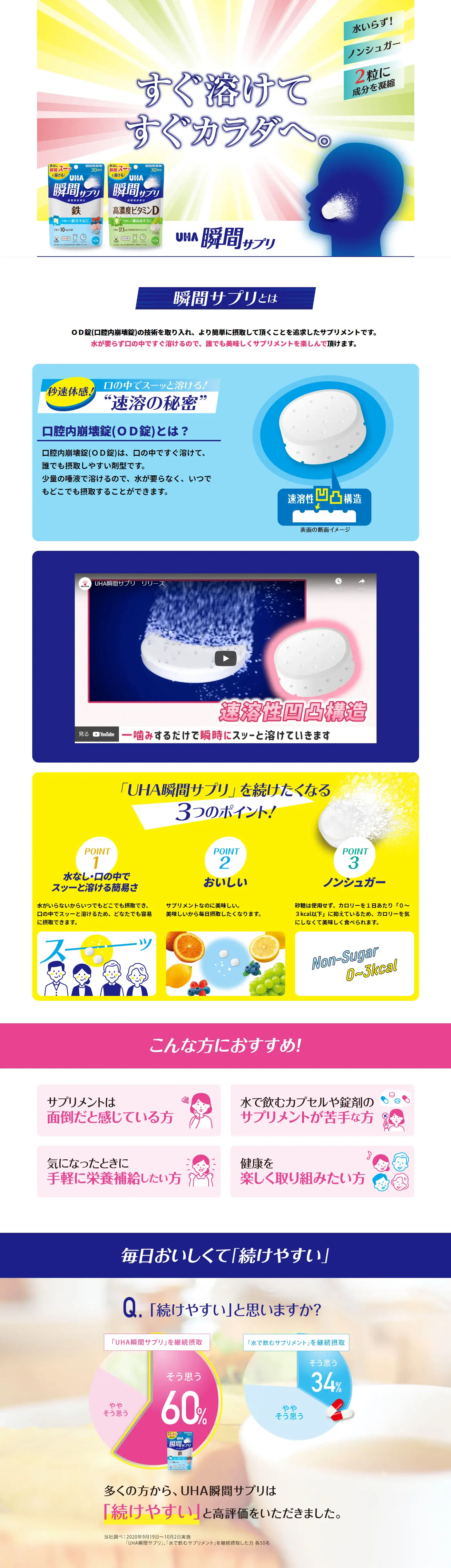 UHA瞬間サプリのLPデザイン（健康食品・健康ドリンク・サプリメント／ブルー系／健康・癒し系）PC版