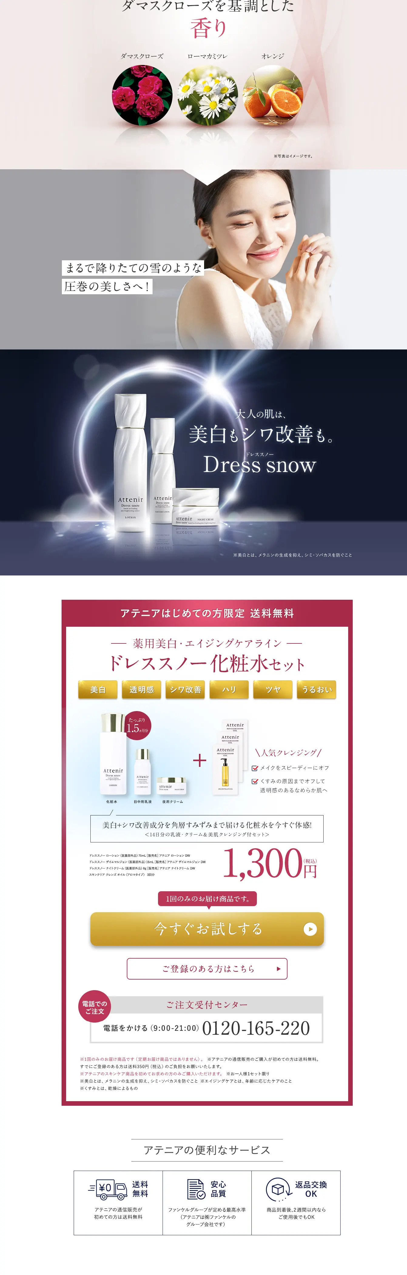 ドレススノー化粧水セットのLPデザイン（スキンケア・ボディケア・ヘアケア／グレー系／キレイ系）スマホ版