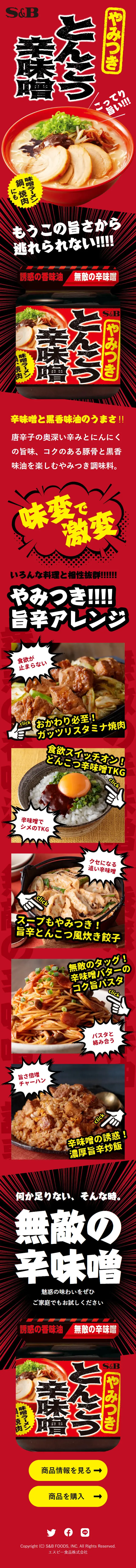 やみつきとんこつ辛味噌のLPデザイン（調味料・甘味料・ダシ・スープ／レッド系／力強い系）スマホ版