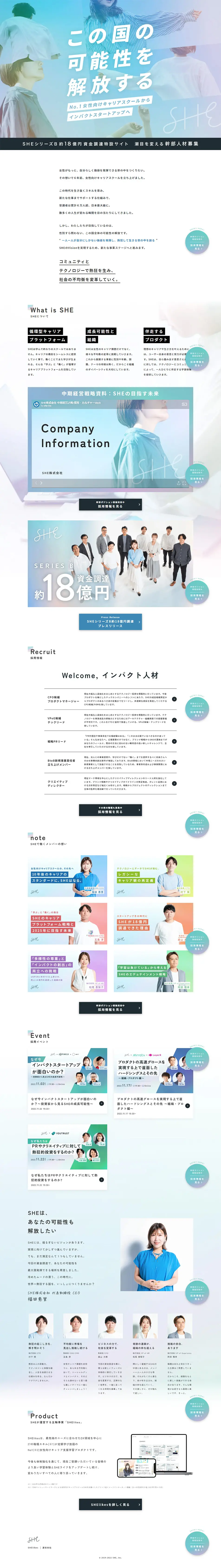 SHE Series B Fundraising Special Website for Approximately 1.8 Billion Yen LP design (recruitment / Shades of blue / Refined style) PC version