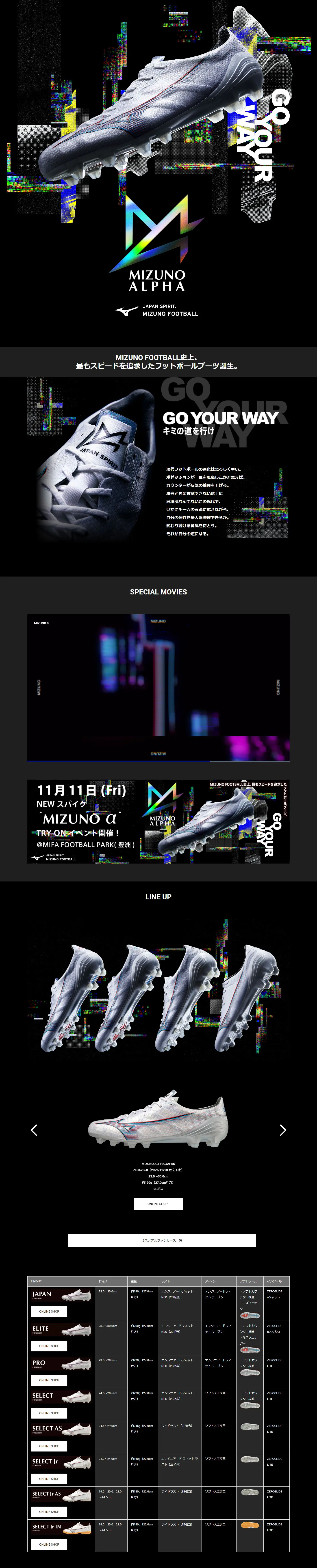 MIZUNO αのLPデザイン（スポーツ用品／ブラック系／スタイリッシュ系）PC版