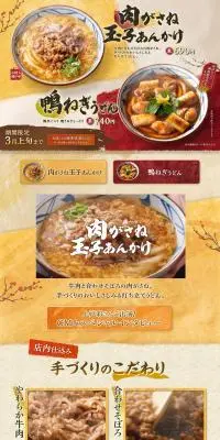 肉がさね玉子あんかけ　鴨ねぎうどんのLPデザイン（麺・パン・粉物／イエロー系／和風系）PC版