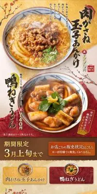 肉がさね玉子あんかけ　鴨ねぎうどんのLPデザイン（麺・パン・粉物／イエロー系／和風系）スマホ版
