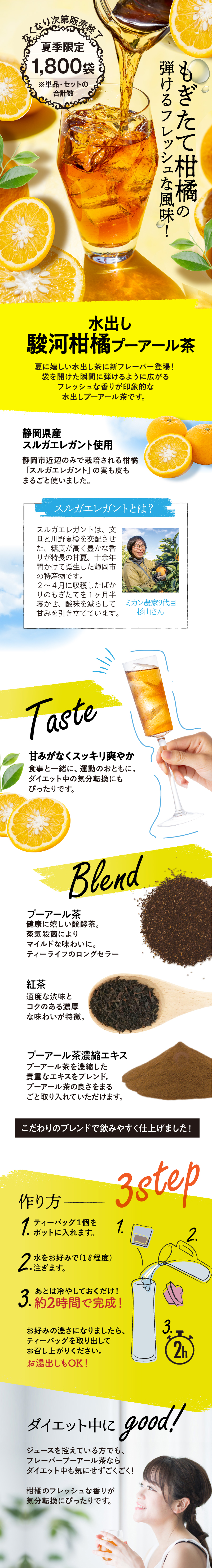 水出し駿河柑橘プーアール茶のLPデザイン（お茶・紅茶・珈琲／イエロー系／かわいい系）スマホ版
