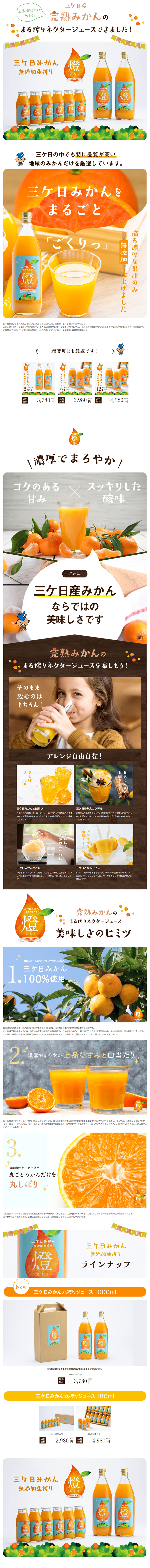 三ヶ日みかん100％ジュースのLPデザイン（水・ソフトドリンク／カラフル（多色）系／かわいい系）
