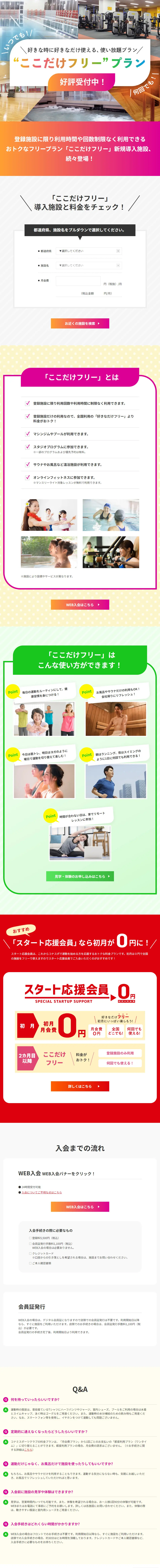 好きな時に好きなだけ使える、使い放題プラン“ここだけフリー”プランのLPデザイン（スポーツ全般・観戦／カラフル系／かわいい系）PC版