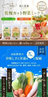 乾燥カット野菜ミックスのLPデザイン（フルーツ・果物・野菜／ブラウン系／信頼・安心系）PC版