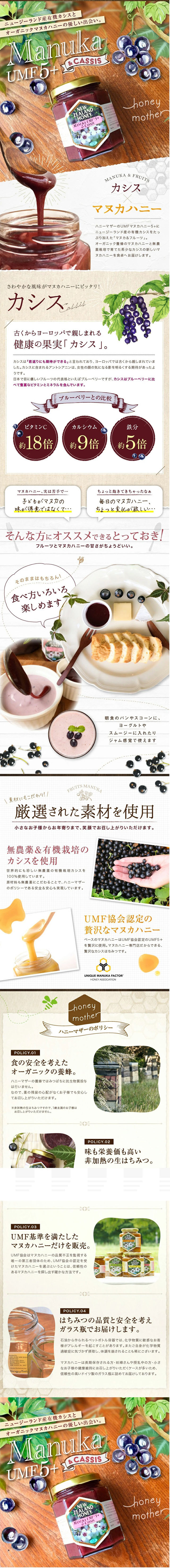 マヌカハニーとカシスのフルーツハニーのLPデザイン（缶詰・瓶詰／ベージュ系／オーガニック系）