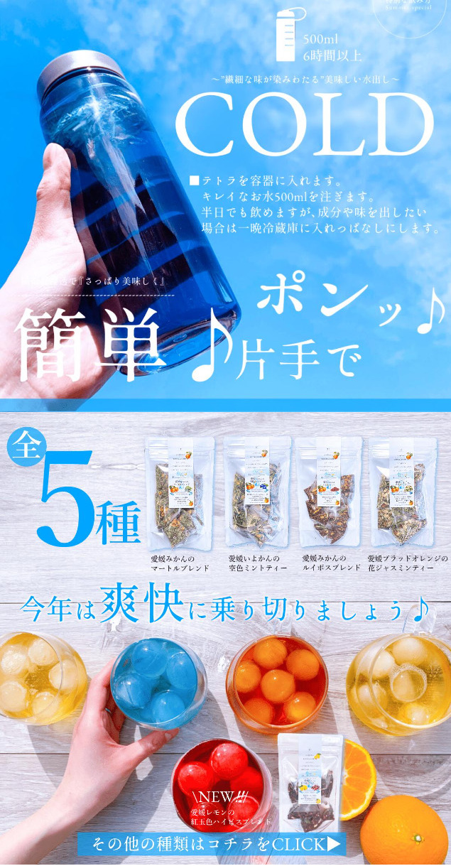 Ehime Iyokan Sky Blue Mint Tea LP design (Green Tea, Black Tea, and Coffee / Shades of blue / Refined style)