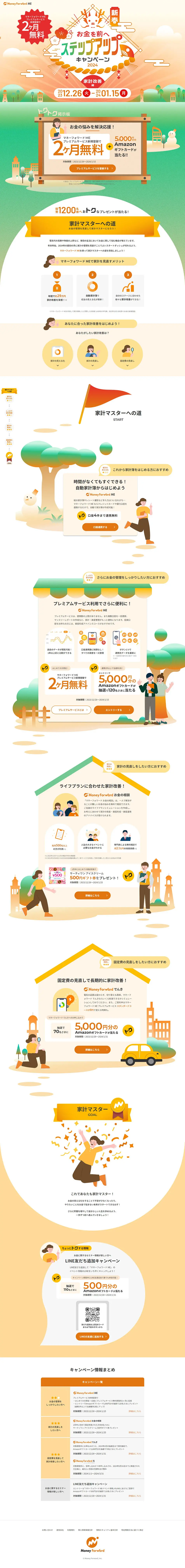 お金を前へ新春ステップアップキャンペーン2024のLPデザイン（イベント・キャンペーン・体験／オレンジ系／かわいい系）PC版