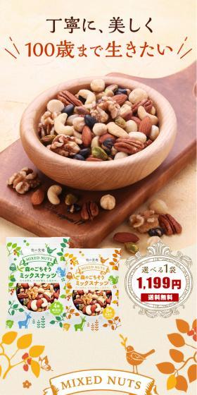 森のごちそうミックスナッツのLPデザイン（豆・豆加工品／ブラウン系／かわいい系）スマホ版