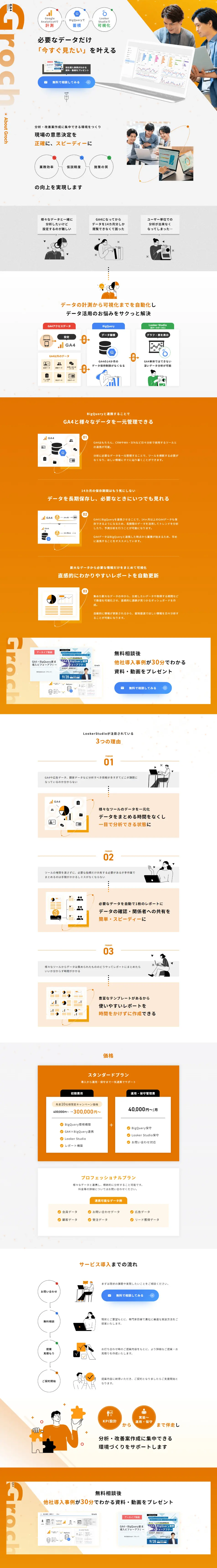 GA4移行代行サービスのLPデザイン（レンタル・代行・アウトソース／オレンジ系／マンガ・イラスト系）PC版