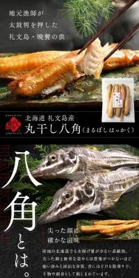北海道 礼文島産 丸干し八角のLPデザイン（魚介類・海産物／ブラック系／和風系）スマホ版