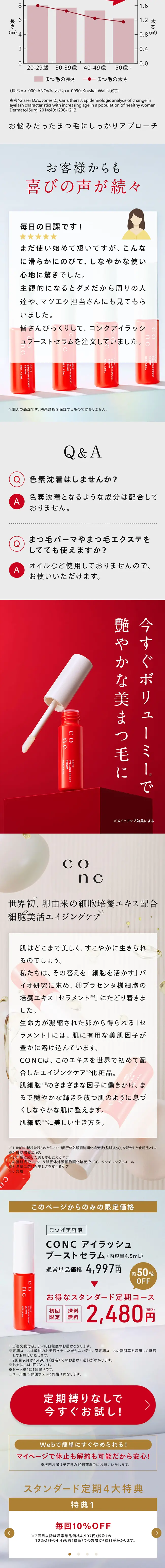 CONC　アイラッシュブーストセラムのLPデザイン（スキンケア・ボディケア・ヘアケア／レッド系／キレイ系）スマホ版