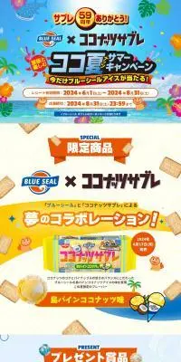 家族と楽しむ ココ夏サマーキャンペーンのLPデザイン（スナック・ガム・あめ・グミ／ブルー系／にぎやか系）PC版