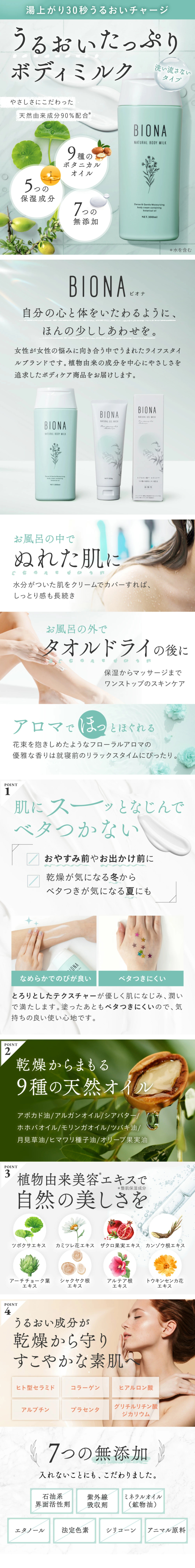 ボディミルク BIONAのLPデザイン（スキンケア・ボディケア・ヘアケア／グリーン（緑色）系／清潔系）