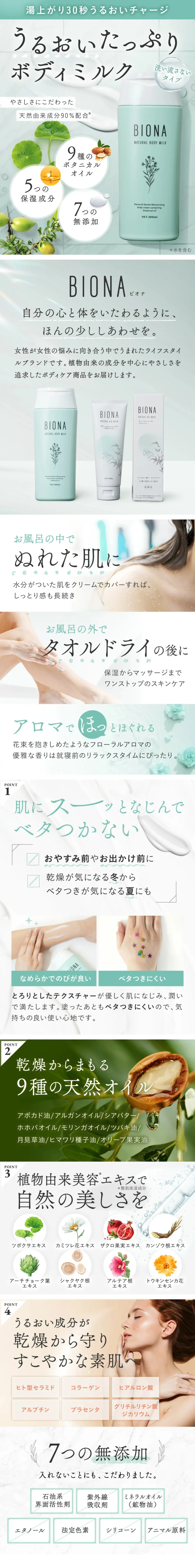 ボディミルク BIONAのLPデザイン（スキンケア・ボディケア・ヘアケア／グリーン系／清潔系）スマホ版
