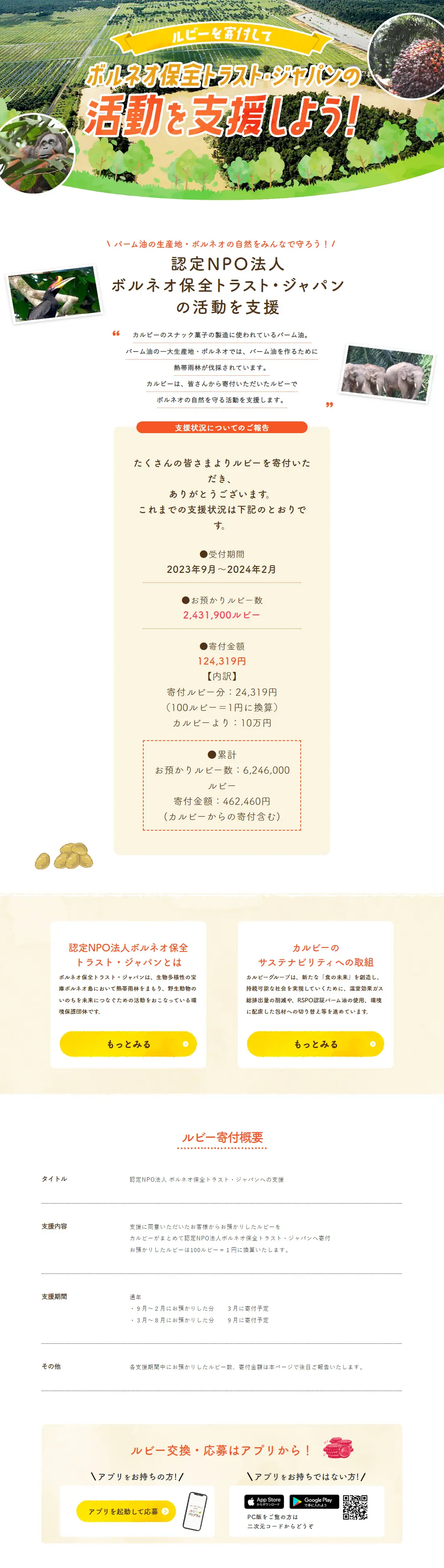 ルビーを寄付してボルネオ保全トラスト・ジャパンの活動を支援しよう！のLPデザイン（スナック・ガム・あめ・グミ／グリーン系／かわいい系）PC版