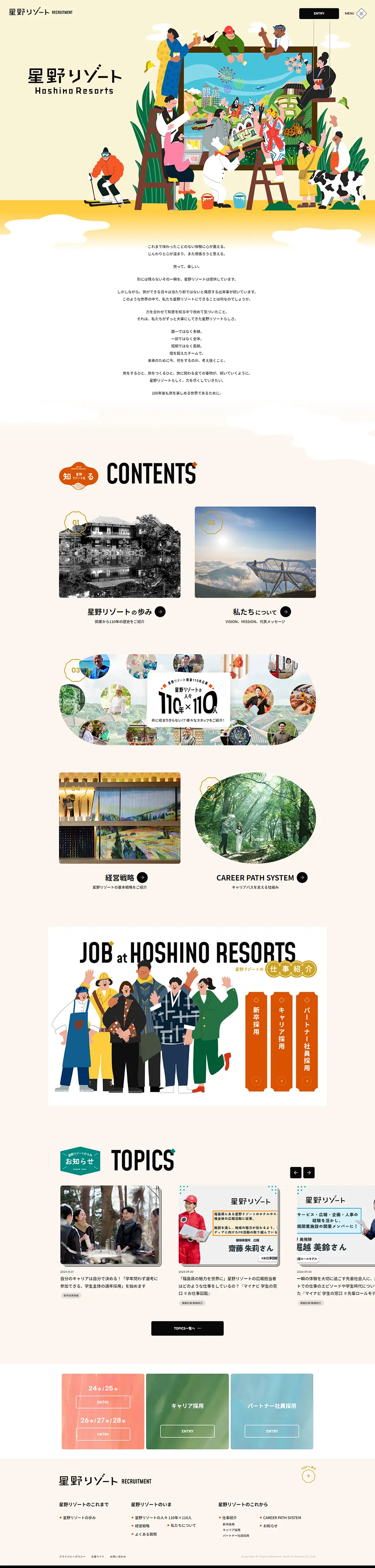 星野リゾート採用サイトのLPデザイン（新卒採用／イエロー系／かわいい系）PC版