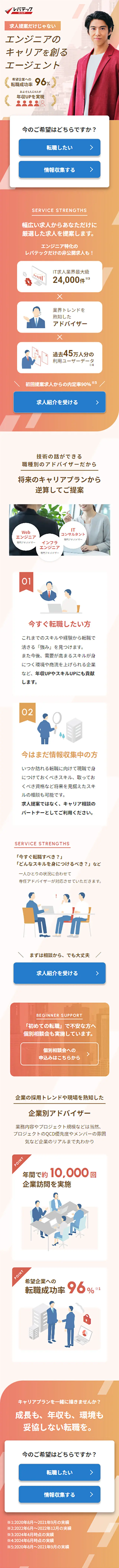 レバテックキャリアのLPデザイン（診断・マッチング・まとめ／オレンジ系／シンプル系）スマホ版