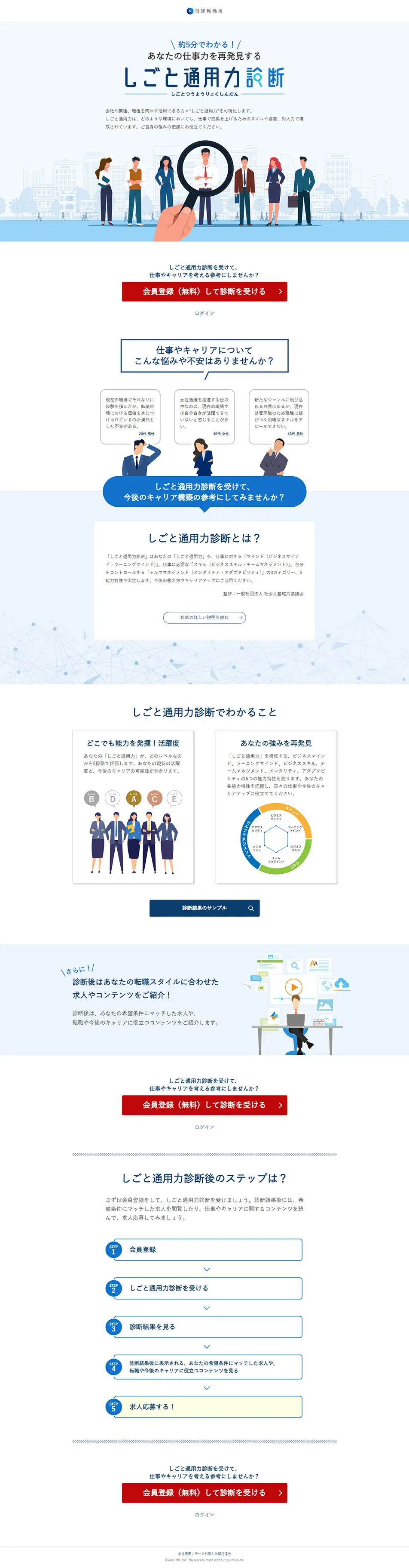 しごと通用力診断のLPデザイン（中途採用／ホワイト系／信頼・安心系）PC版