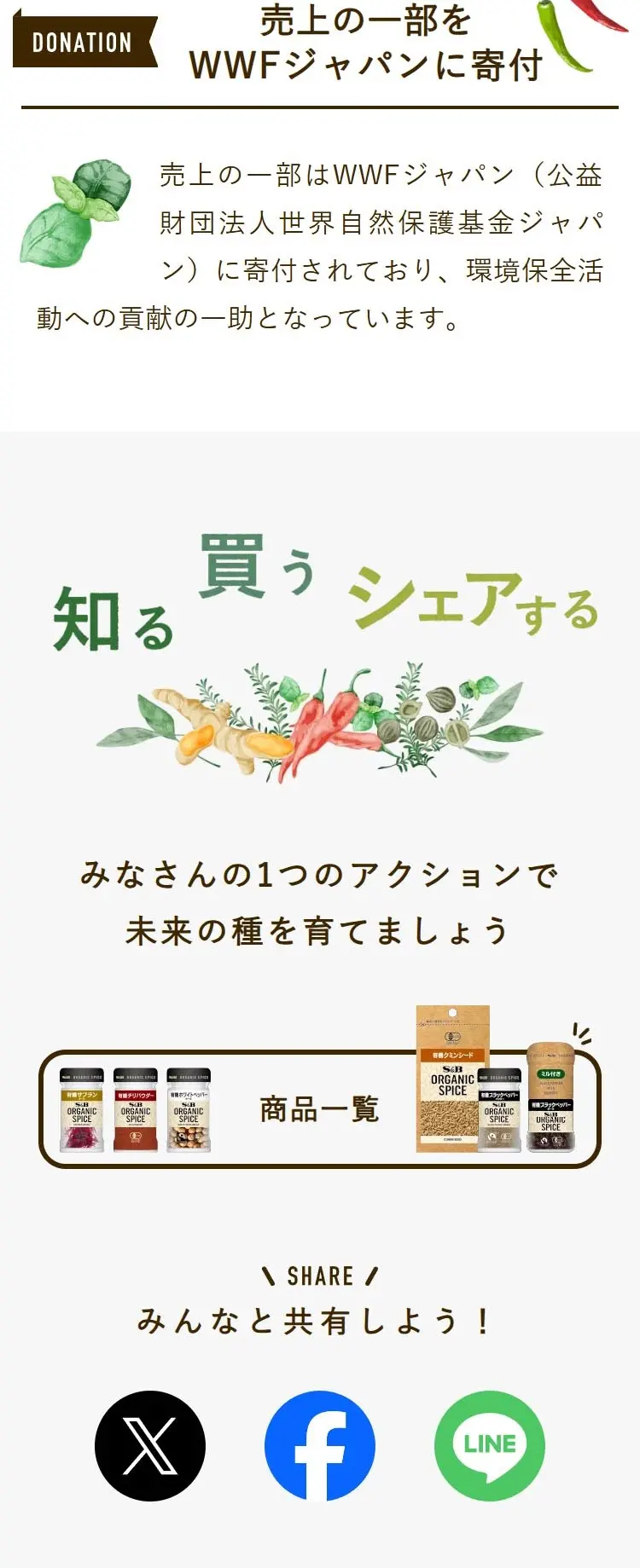 A sustainable society starting with organic spices. LP design (Seasonings, Sweeteners, Broth, Soup / Brown tones / Natural style) Mobile version