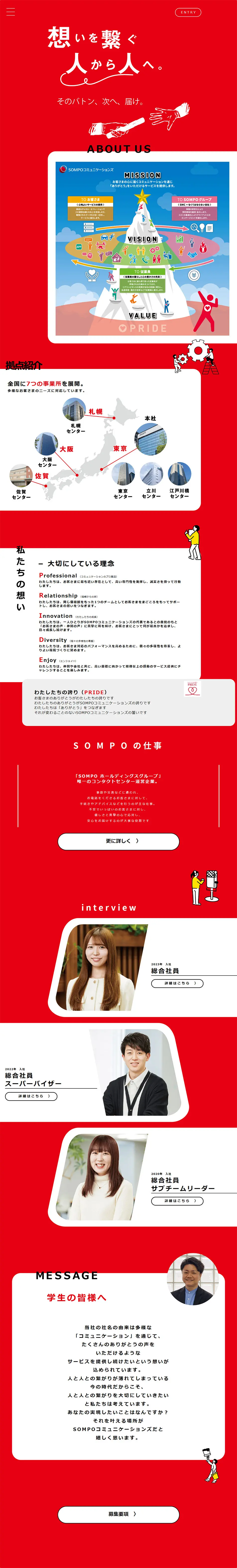 SOMPOコミュニケーションズ新卒採用サイトのLPデザイン（新卒採用／レッド系／かわいい系）PC版
