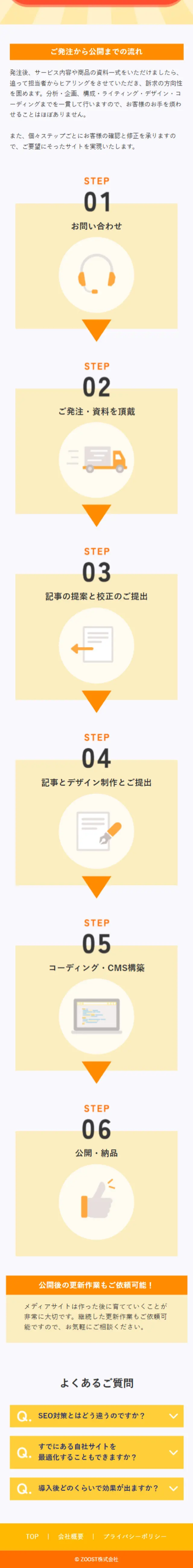 オウンドメディア制作サービスのLPデザイン（デザイン・アプリ・システム／イエロー系／にぎやか系）スマホ版