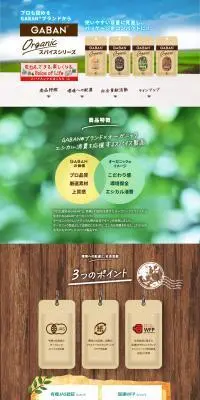 GABAN® Organic スパイスシリーズのLPデザイン（レトルト・インスタント／ブラウン系／オーガニック系）PC版