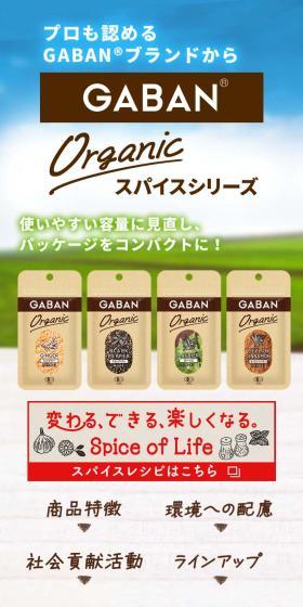 GABAN® Organic スパイスシリーズのLPデザイン（レトルト・インスタント／ブラウン系／オーガニック系）スマホ版