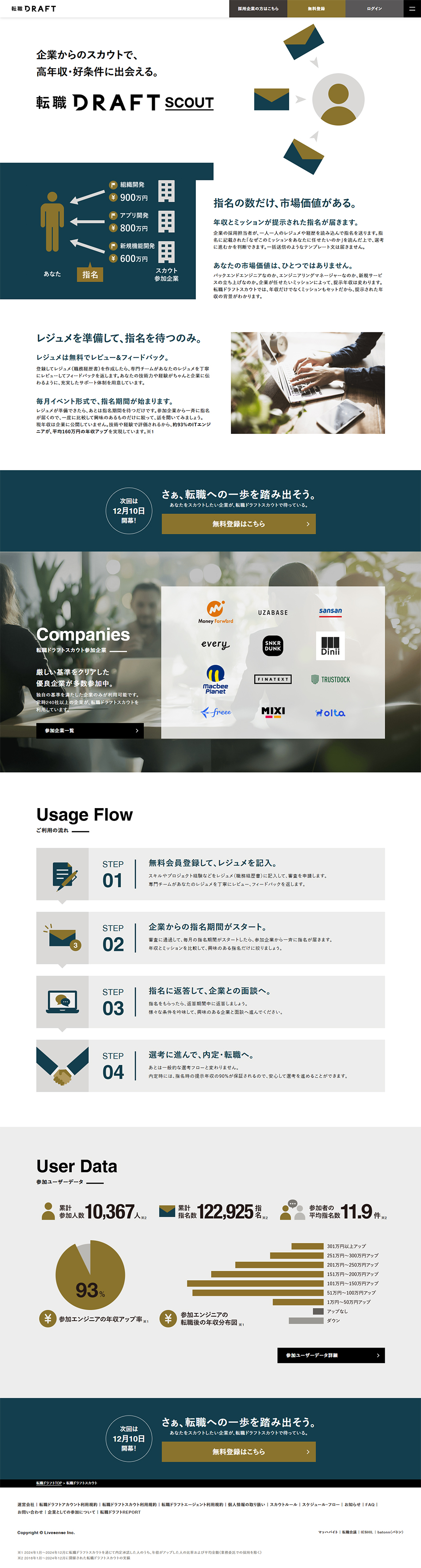 転職ドラフトのLPデザイン（中途採用／ホワイト系／シンプル系）PC版