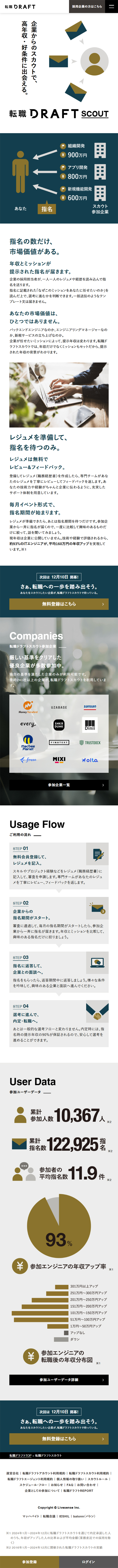 転職ドラフトのLPデザイン（中途採用／ホワイト系／シンプル系）スマホ版