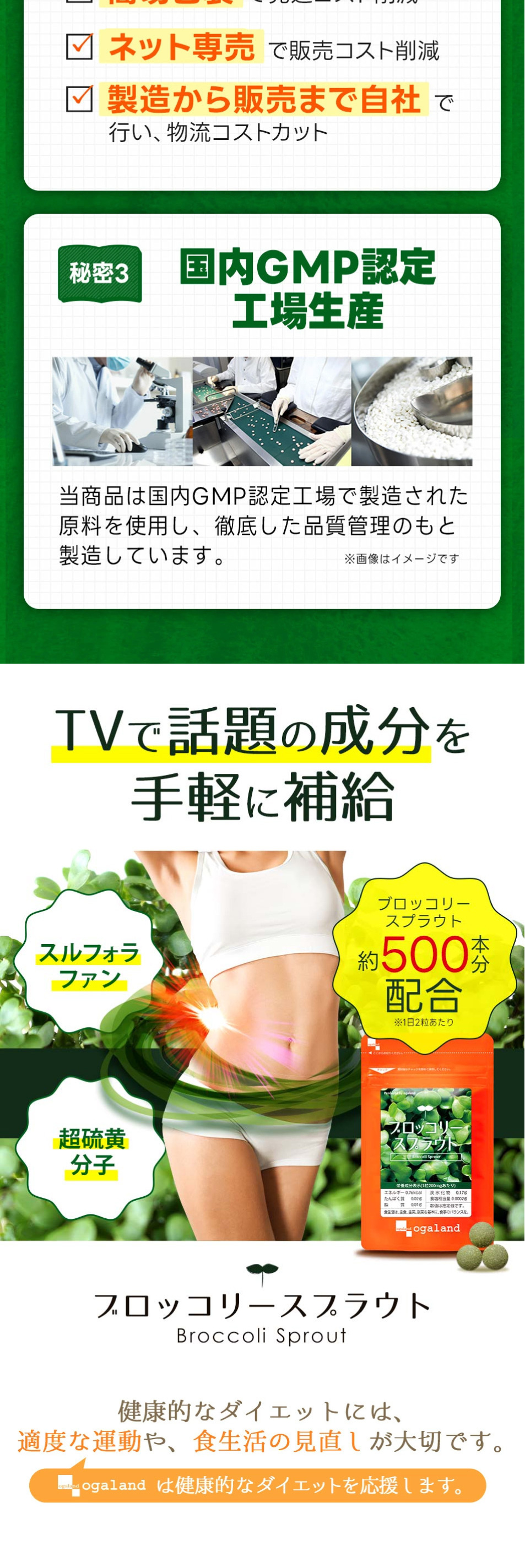 ブロッコリースプラウトのLPデザイン（健康食品・健康ドリンク・サプリメント／グリーン系／にぎやか系）PC版