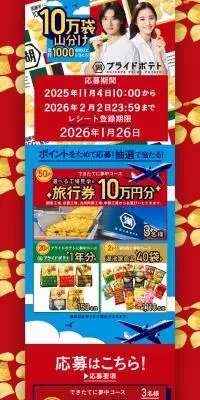湖池屋プライドポテト10万袋山分けキャンペーンのLPデザイン（スナック・ガム・あめ・グミ／レッド系／派手系）PC版