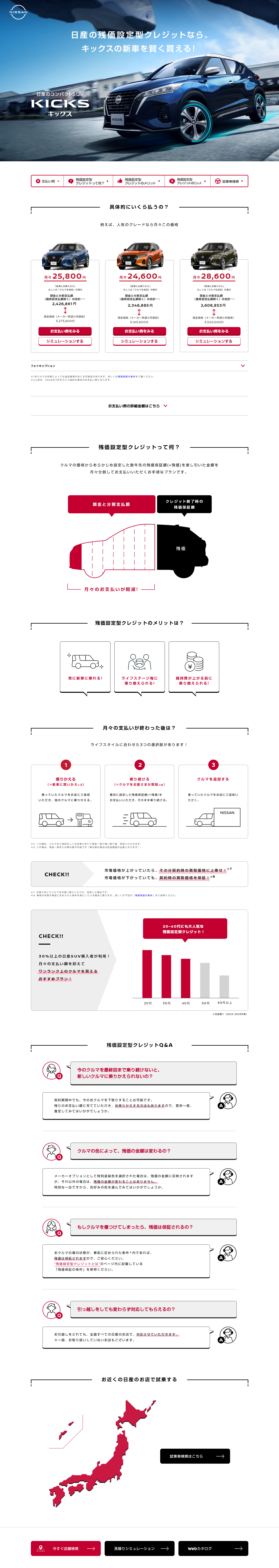 日産の残価設定型クレジットのLPデザイン（車体・車用品／ホワイト系／信頼・安心系）PC版