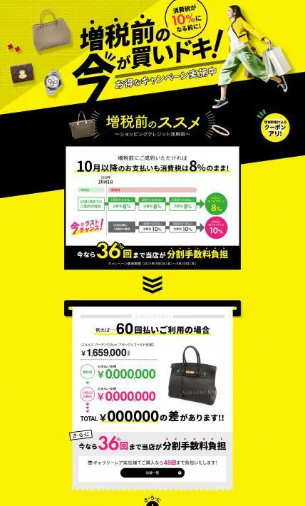 増税前の今が買いドキ！お得なキャンペーン特集｜株式会社ギャラリーレア様のLP制作実績