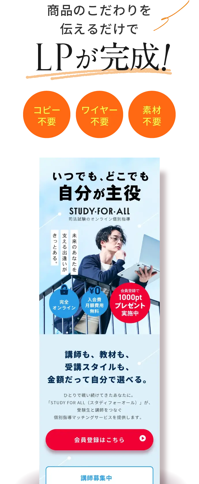 商品のこだわりを伝えるだけでLPが完成！